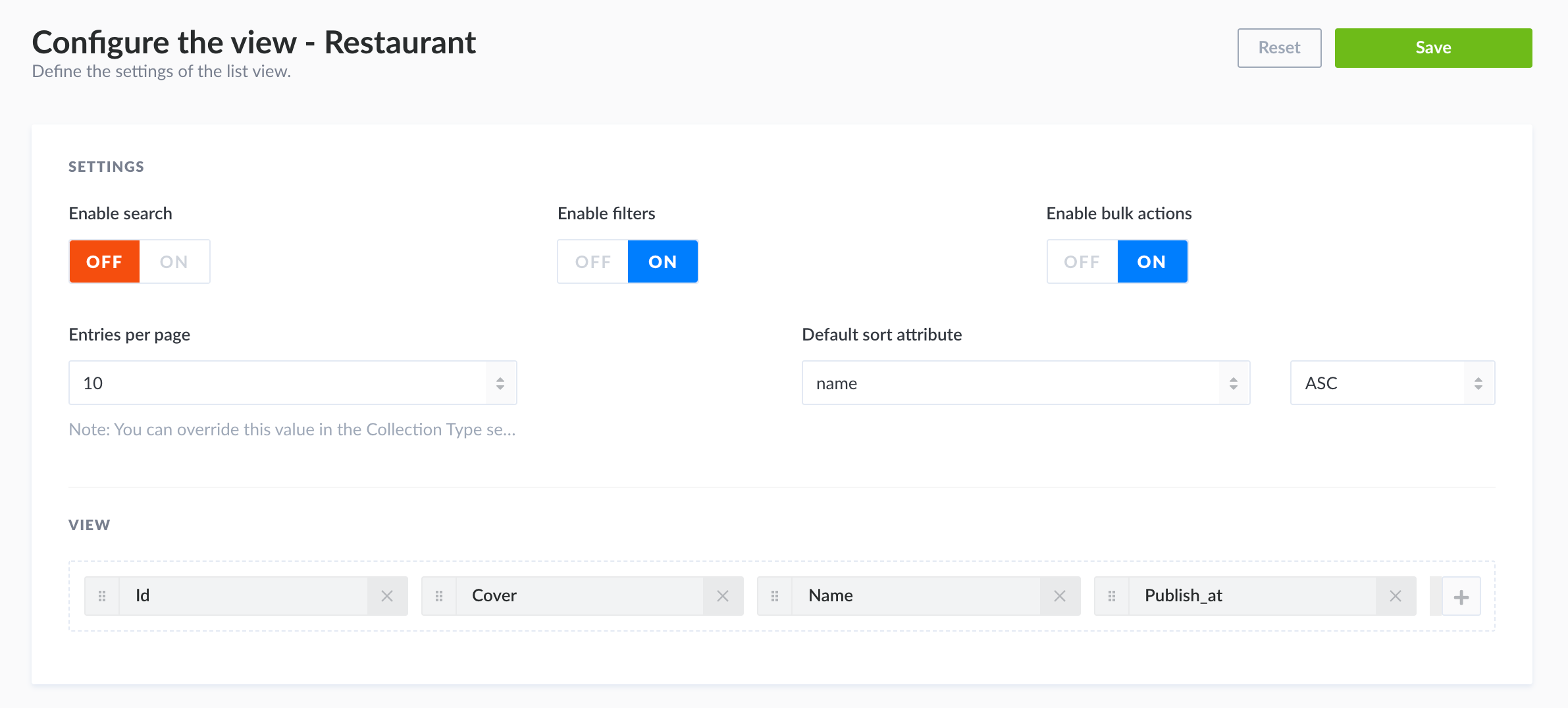 Settings of a list view in the Content Manager